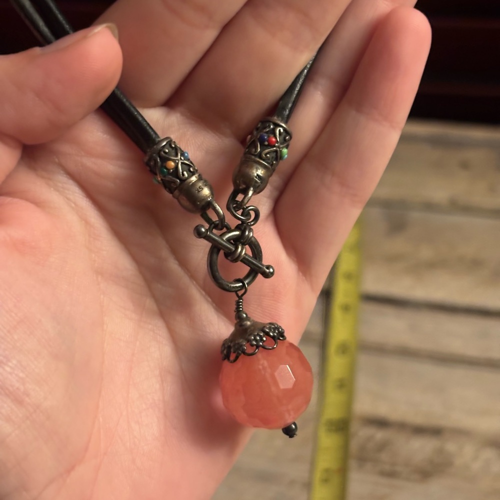 Sterling Silver, Strawberry Quartz, and Leather Toggle Necklace